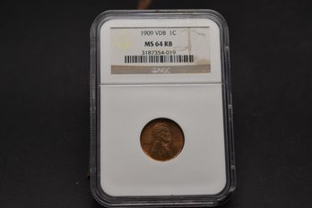 1909 VDB Lincoln Penny NGC Graded MS 64 RB