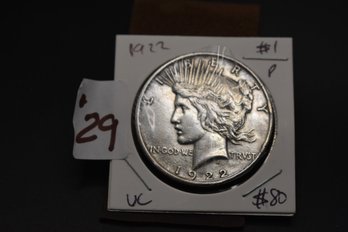1922  Peace Dollar %90 Silver Coin AU