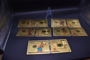 Gold Foil Walt Disney 100 Dollar Bill 5 Piece Set
