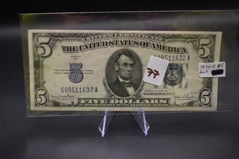 1934 D 5 Dollar Silver Certificate Note AU Low Serial Number
