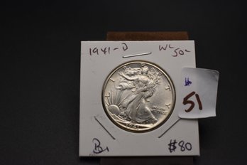 1941 D Walking Liberty Half Dollar %90 Silver Coin BU