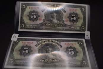 Two 1961 5 Peso Uncirculated Consecutive Notes Bank Of Mexico