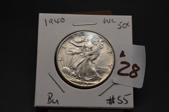 1940 Walking Liberty Half Dollar %90 Silver Coin BU