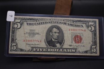 1963 5 Dollar Bill Red Seal In Good Condition