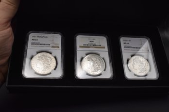 1921 Silver Morgan 3 Coin Set 1921 P, 1921 D, 1921 S All NGC Graded MS 63 With Case %90 Silver
