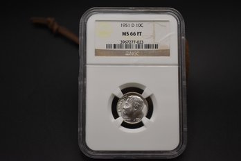 1951 D Roosevelt Dime NGC Graded MS66 FT Coin