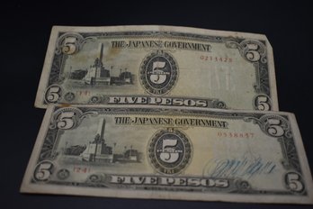 Two Japanese Government 5 Pesos Note Circulated Condition