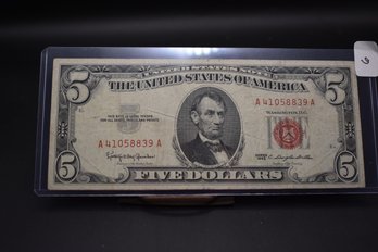 1963 5 Dollar Bill Red Seal In Very Good Condition