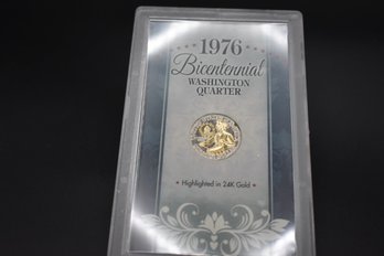 1976 Bicentennial Washington Quarter Highlighted In 24K Gold Coin