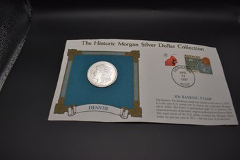 1921 D Silver Morgan %90 Silver MS60 With Postage Stamp On Card