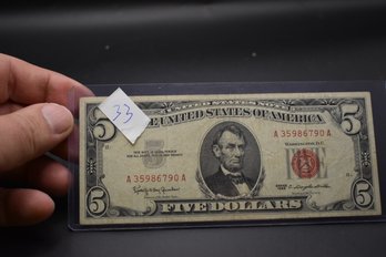 1963 5 Dollar Bill Red Seal In Very Good Condition