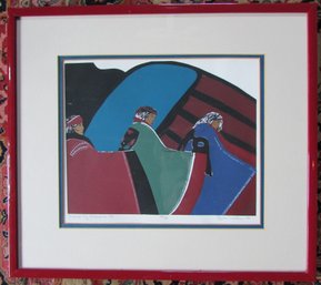 Vintage GWEN WOCK Limited Edition Print, 'INSPIRED BY CELEBRATION,' Appx 19' X 17,' RED Color Frame