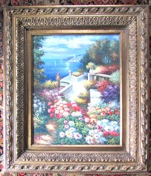 Signed A. STERN, Original PAINTING On CANVAS, Multicolor GARDEN FLORAL Scene, Appx 29' X 26' Size, Gold Frame
