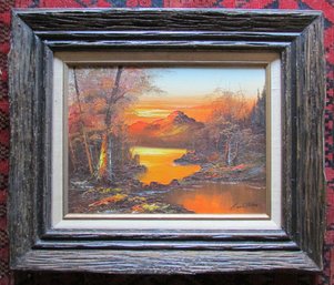 Signed Original PAINTING On CANVAS, Multicolor SUNSET Scene, Appx 24.5' X 20.5' Size, Rustic Wooden Frame