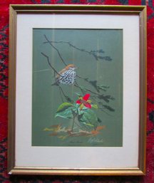 Vintage GUY COHELEACH Print, 'WOOD THRUSH,' Appx 21' X 17,' Distressed Metallic Finish Frame
