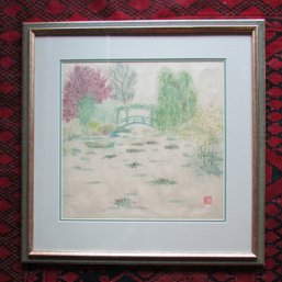 Vintage ASIAN Style Print, Watercolor Technique, Pastoral Garden Theme, Appx 24.5' X 24.5,' Framed