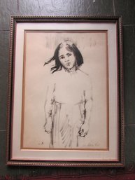 Signed MOSHE GAT, Original Sketch Of A YOUNG GIRL, Appx 34' X 26' Size, Silver Metallic Frame