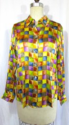 Vintage THE WORKS, Saks Fifth Avenue Brand, Button Down Shirt, Watercolor CHECK Print, Long Sleeves, All SILK