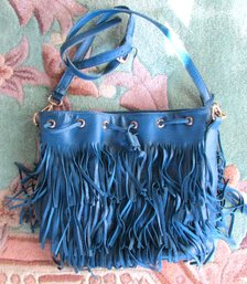 Vintage URBAN EXPRESS Brand, Shoulder HANDBAG Purse, Turquoise Blue Faux Leather, FRINGE, Lined