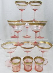 SET Of 13 Glasses! Vintage DEPRESSION GLASS, Light PINK Color, Metallic GOLD BAND