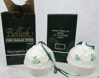 Set Of 2 Pieces! Vintage BELLEEK Brand, CHRISTMAS BALL Decorations, Green Shamrocks, Ireland, Circa 2007
