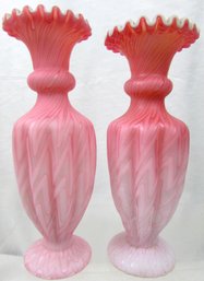 SET Of 2! Vintage Art Glass, Hand Blown BUD VASES, Ruffled Edge, Cased PINK Color, Appx 9'