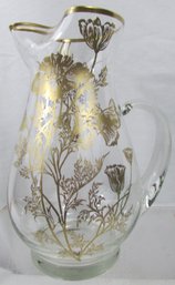 Vintage SILVER CITY Brand, Drink PITCHER, Gold FLANDERS POPPY Pattern, Applied Handle, Large Size Appx 9' Tall