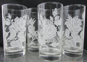 SET Of 4! Vintage MCM Era Glasses Tumblers, LIBBEY Brand?, White ROSES Pattern, Appx 5.5' Tall