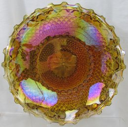 Vintage INDIANA GLASS Co Brand, Round CRIMPED Bowl, AMBER CARNIVAL Iridescent Glass, Appx 10.5' Diameter