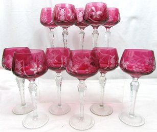SET Of 11! Vintage BOHEMIAN Glass, Tall HOCK WINE Glasses, Overlay Cut Design, CRANBERRY Color, Appx 8'