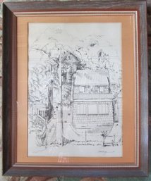 Vintage CAROL KAUZER Print, Hillside HOUSES Line Drawing, Circa 1975, Appx 26' X 22,' Nicely Framed