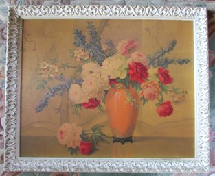 Vintage OSNO T. NAROT Print, ROSE PORTRAIT STILL LIFE, Aprox 33' X 27,' Carved White Frame