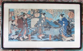 Vintage TOYOKUNI II Reproduction Print, 3 Pages, Appx 33.5' X 20.5,' Black Finish Frame