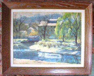 Vintage LEITH ROSS Print, Countryside FACTORY MILL HOUSE Scene, Appx 29.5' X 24,' Wood Frame