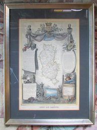Vintage MAP Of RHONE Print, Lightly Colored, Appx 23.5' X 17.5,' Silver Metallic Frame