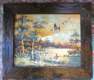Signed BERNARD, Original PAINTING On CANVAS, Multicolor Migrating GEESE, Appx 26' X 22' Size, Wooden Frame