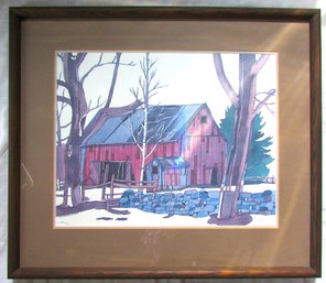 Vintage WF STONE Limited Edition Print, Colorful Countryside BARN Scene, Appx 25' X 21.5,' Wood Frame