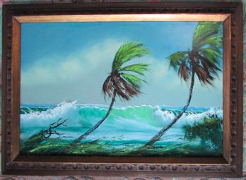 Signed Original PAINTING On CANVAS, Multicolor PALM TREES Tiki Theme, Appx 42' X 30' Size, Wood Frame