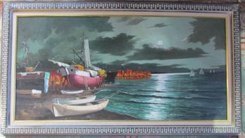 Signed BRANDINI, Original PAINTING On CANVAS, Multicolor NAUTICAL Boats, Appx 54' X 30.5' Size, Wood Frame