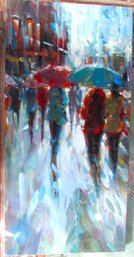Contemporary Original PAINTING On CANVAS, Multicolor URBAN RAIN Scene, Appx 48' X 24' Size