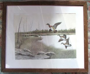 Signed Vintage Print, Flying GEESE Scene, Appx 34.5' X 28.5,' Rustic Wood Frame