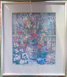 Vintage JOHN POWELL Print, Floral IRIS Still Life, Appx 31' X 27.5,' Simple Silver Frame