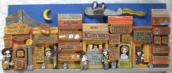 Signed HARRY GLAUBACH, Original SCULPTURE Wall Art, Whimsical CITY SCENE, Appx 48' X 20' Size, Wood Circa 1983