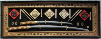 Vintage SAMURAI SWORD Display, Reproductions, Gold & Black, Appx 48' X 18' Size, Framed, AS-IS