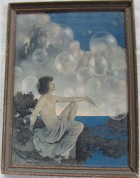 Vintage MAXFIELD PARRISH Print, Colorful 'AIR CASTLES,' Appx 16' X 12,' Distressed Frame
