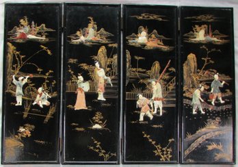 Vintage TABLETOP SCREEN, 4 Panels Hinged, Hand Painted & Embellished, Appx 36' X 25' Extended