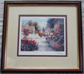 Vintage ALEX PEREZ Print, Colorful 'VILLAGE VIEW III,' Appx 16.5' X 15,' Nicely Framed
