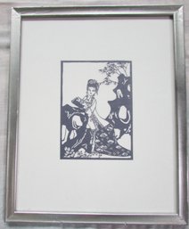 Vintage Black & White Print, Asian GEISHA? Appx 16' X 13,' Simple Painted Silver Finish Frame