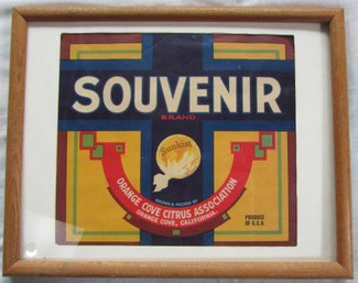 Vintage ADVERTISING Label, 'SOUVENIR' Brand SUNKIST, Appx 15' X 12,' Wood Frame