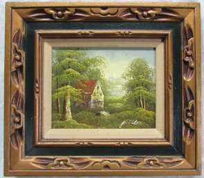 Signed POITIER, Original PAINTING On BOARD, Rustic COTTAGE Scene, Appx 17' X 15' Size, Carved Frame